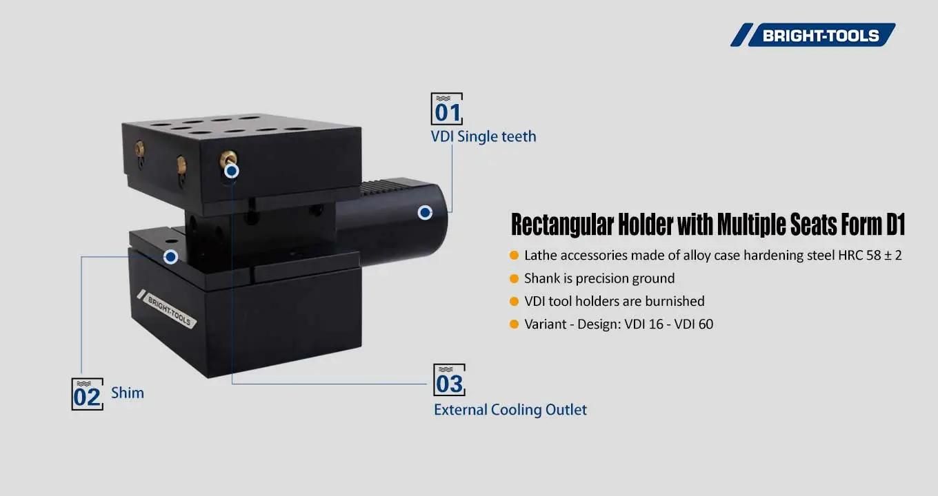 Rectangular Holder with Multiple Seats Form D1 Of Coolant Driven Live Tooling