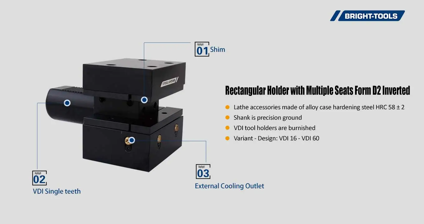 Rectangular Holder with Multiple Seats Form D2 Inverted Of Coolant Driven Live Tooling